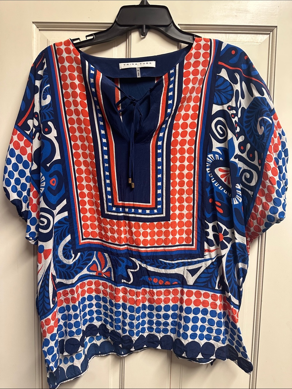 Trina Turk Blue & Red Printed Tie-Neck Tunic